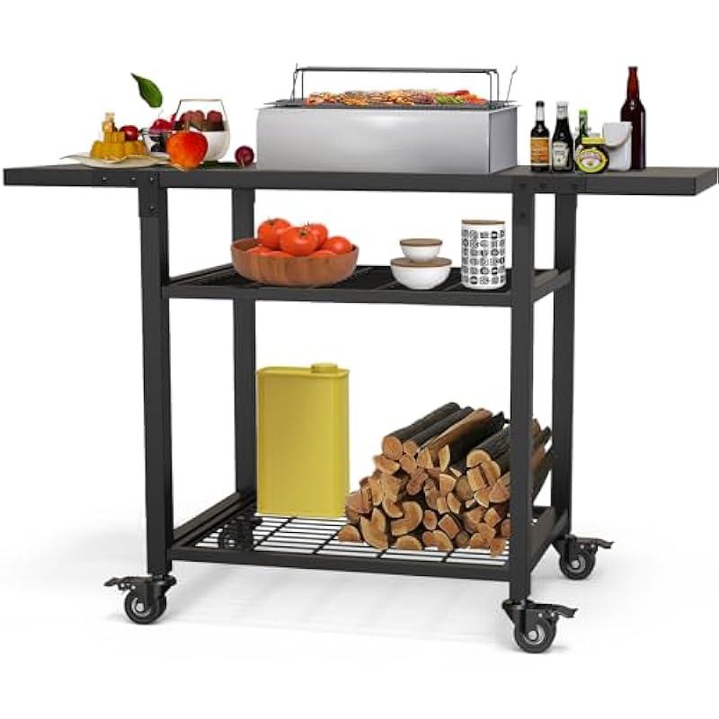 RAXSINYER 42"x 20" Three-Shelf Grill Table Grill Cart Outdoor BBQ and Work Cart Table Movable Pizza Oven Table Commercial Multifunctional Kitchen Food Prep Worktable