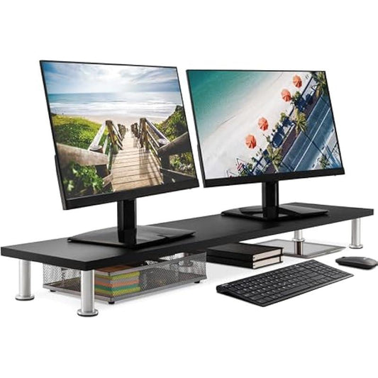 The Original Bamboo Dual Monitor Stand (As Seen On PBS) - 42 Inch Large Monitor Riser for Computer Screens, Laptop or TV - Desk Shelf Adds Storage Space and Improves Ergonomics - Black