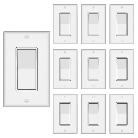 3-Way Decorator Wall Light Switch with Wall Plates, On/Off Paddle Switch, Gloss Finish, 15 Amp 120/277 Volt, UL Listed, Residential Grade, 10 Pack