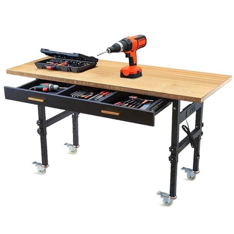 Adjustable Workbench with Drawer Storage, Heavy Duty Bamboo Wood Work Table with Power Outlet and Wheels for Garage Home Office (47.2×23 in)