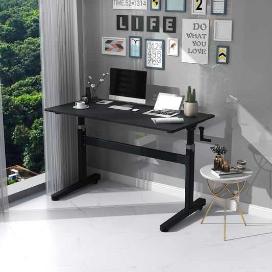 Win Up Time Manual Standing Desk Adjustable Height- Crank Mobile Standing Desk 48 x 24 Inches Sit Stand Desk Frame & Top, Stand Up Desk on Wheels, Computer Desk Black Frame & Black