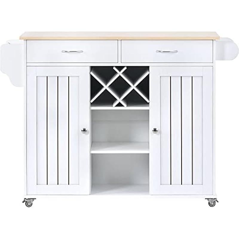 Kitchen Island Cart with Two Storage Cabinets and Four Locking Wheels Wine Rack