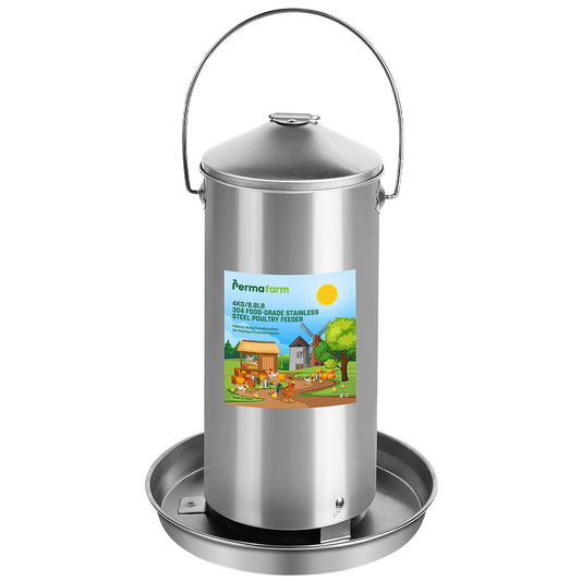 Permafarm Chicken Feeder 4KG / 8.8LB, 304 Food-grade Stainless Steel Poultry Feeder, Automatic Chicken Feeder Heavy-duty 0.03 Inch Metal-thickness