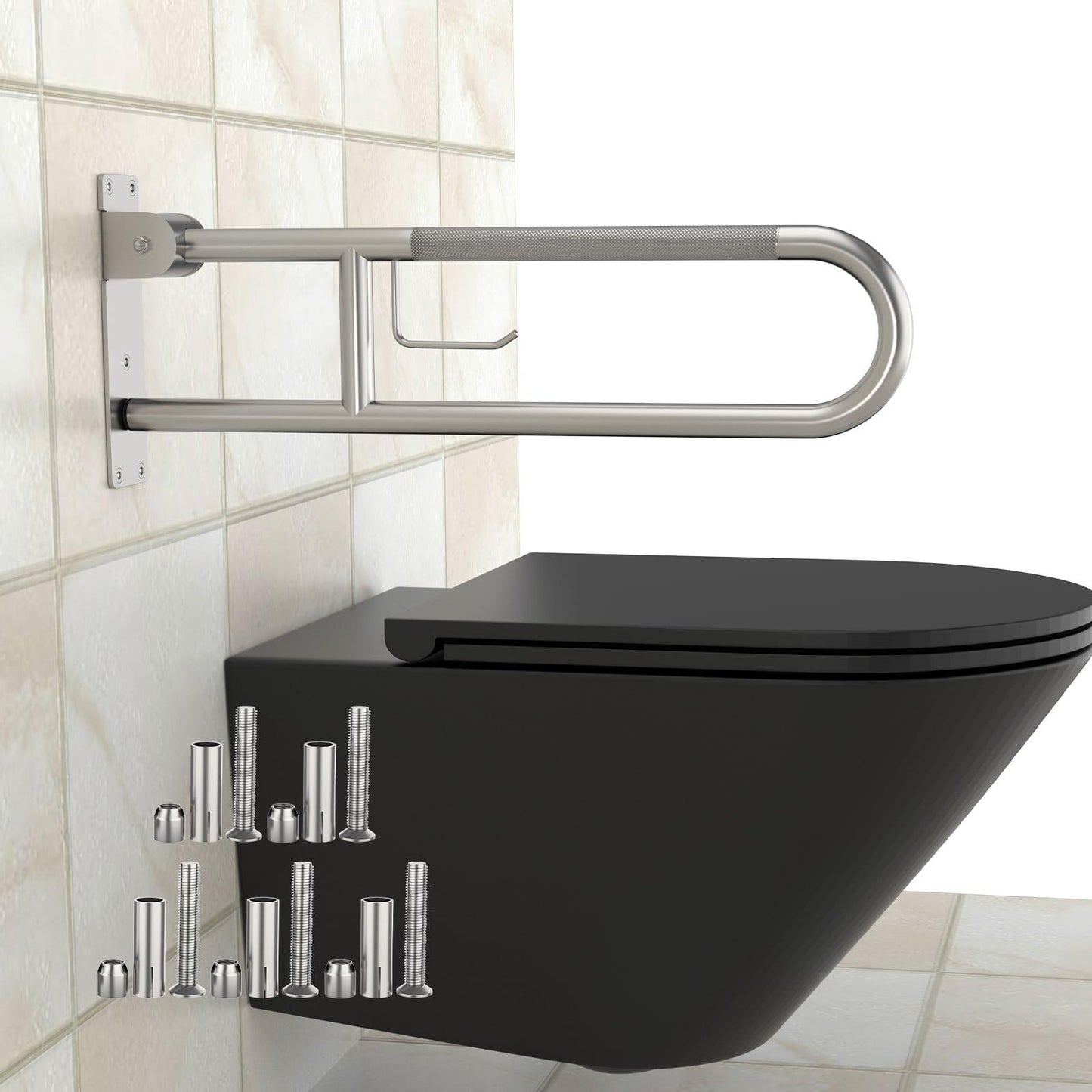 Toilet Grab Bar 30.3 Inch, Munzong U Shaped Anti-Slip Support Rail, Flip-Up Bathroom Grab Bar with Paper Holder, Stainless Steel Knurled Handicap Safety handrails for Elderly Disabled Pregnant