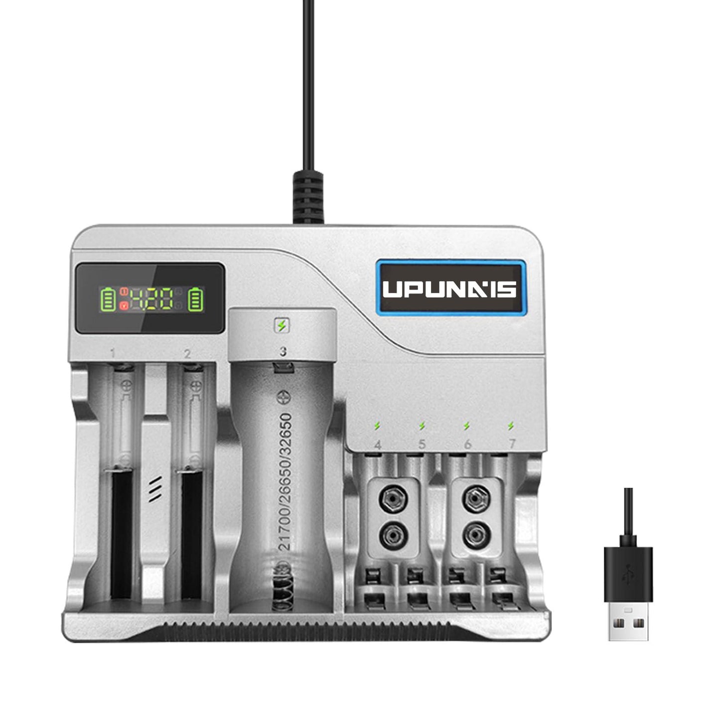 18650 Battery Charger, 7 Slot Suitable for 3.7v Lithium Battery 18650 20700 10440 14500 18500 16340 17500 26650 and 1.2v/9v Ni-Mh/Ni-Cd AA AAA Battery, Battery Rechargeable Charger