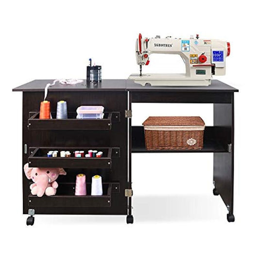 Usinso Folding Sewing Table Multifunctional Sewing Machine Cart Table Sewing Craft Cabinet Table with Storage Shelves Portable Rolling Sewing Desk Computer Desk with Lockable Casters(Dark Brown)