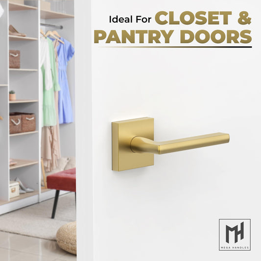 Mega Handles Dummy I Lever Door Lock Handle Set for Closet or French Doors I Single Side, Non-Turning I Fits All Standard Door Sizes I Screws Included - Satin Brass (2 Pack) with Covered Screws, 5"