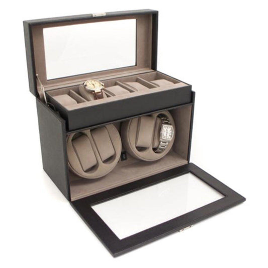 Bey-Berk BB605BLK Black Leather Four Winder and 5 Watch Storage Case with Locking Clasp. Features a Selectable Single or Dual Direction Rotation