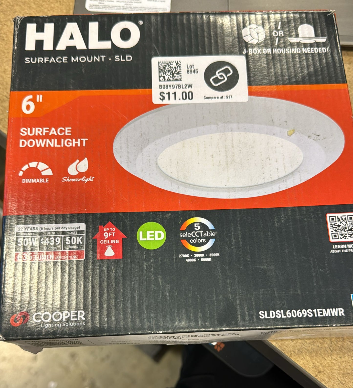 HALO 6 inch SLDSL6069S1EMWR Integrated Surface Mount LED Downlight, Dimmable, Selectable CCT (2700K, 3000K, 3500K, 400K, 5000K), White