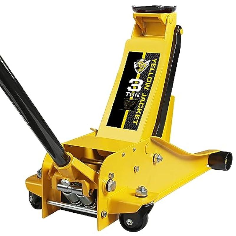 YELLOW JACKET 3 Ton Hydraulic Floor Jack Dual Pump for Quickly Car Lift, Low Profile Service Jack, 6600 lb Capacity