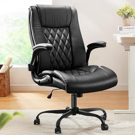 FICMAX Office Chair with Flip-up Armrests,PU Leather Ergonomic Desk Chair Height-Adjustable Swivel Rolling Computer Desk Chair,Black