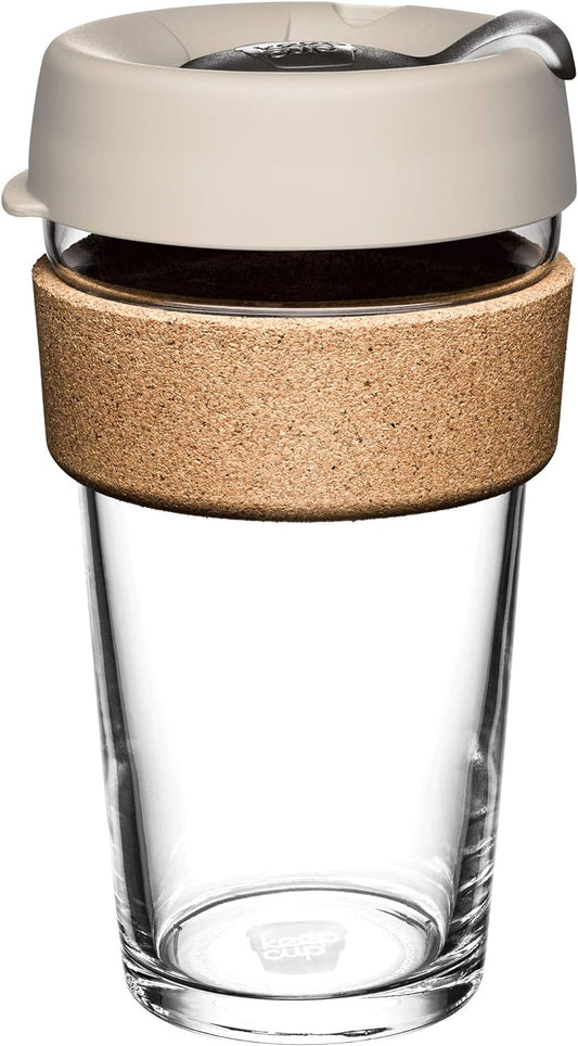 KeepCup Reusable Tempered Glass Coffee Cup | Travel Mug with Spill Proof Lid, Brew Cork Band, Lightweight, BPA Free | Large | 16oz |