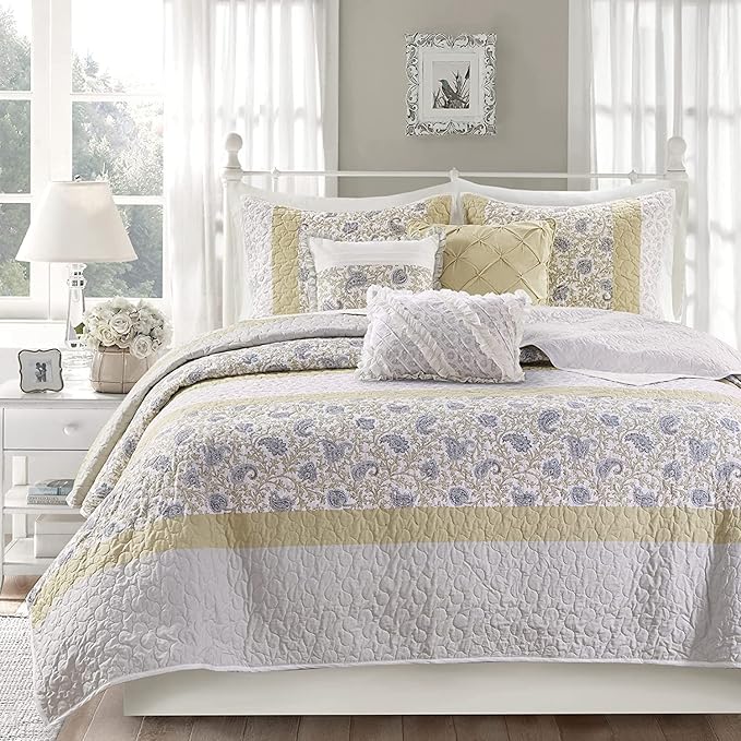 Madison Park 100% Cotton Quilt Set Floral Print, Double Sided Stitching, All Season, Lightweight Coverlet Shabby Chic Bedding Layer, Matching Shams, Full/Queen, Light Yellow 6 Piece,Yellow