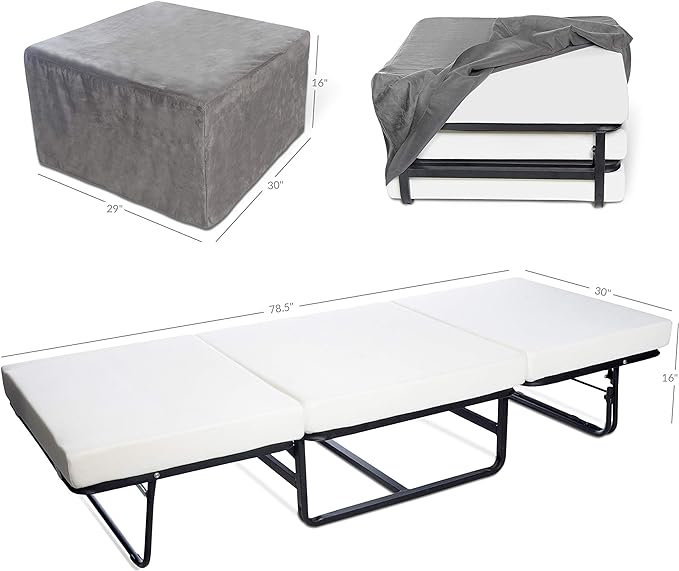 Milliard Folding Bed Ottoman Single Cot Size with Grey Suede Cover, Guest Hideaway 28.5x74 Inch Bed, Dual Use, No Assembly