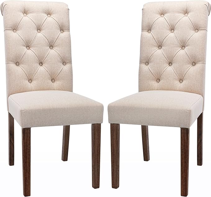 COLAMY Set of 2 Tufted Dining Chairs, Elegant Fabric Upholstered Side Parsons Dining Chairs with Solid Wood Legs and Padded Seat, Beige