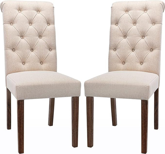 COLAMY Set of 2 Tufted Dining Chairs, Elegant Fabric Upholstered Side Parsons Dining Chairs with Solid Wood Legs and Padded Seat, Beige