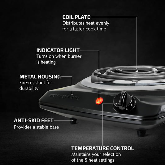 OVENTE Electric Countertop Single Burner, 1000W Cooktop with 6" Stainless Steel Coil Hot Plate, 5 Level Temperature Control, Indicator Light, Compact Cooking Stove and Easy to Clean, Black BGC101B