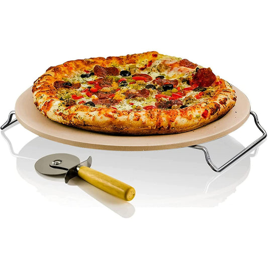 OVENTE Ceramic Flat 13 Inch Pizza Stone Set with Crust Cutter Wheel & Metal Rack/Handle, Compact Easy Storage Portable Baking Grilling Stone Thermal Shock Resistance for Oven Grill BBQ, Beige BW10132