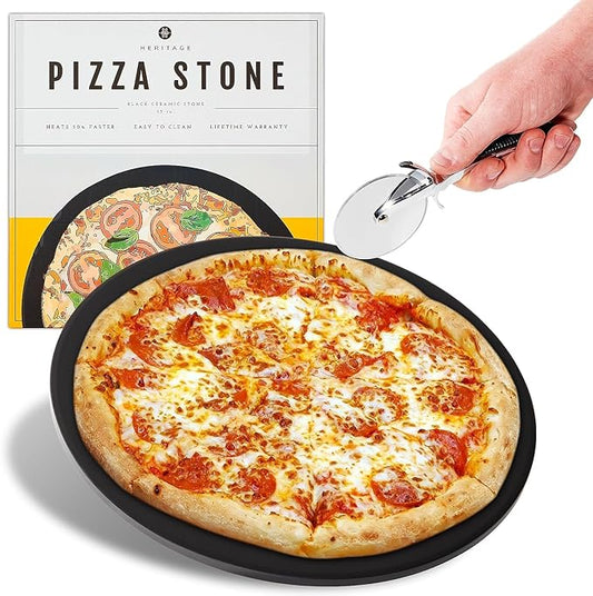 Heritage Pizza Stone, 15 inch Ceramic Baking Stones for Oven Use - Non Stick, No Stain Pan & Cutter Set for Gas, BBQ & Grill - Kitchen Accessories & Housewarming Gifts with Bonus Pizza Wheel - Black