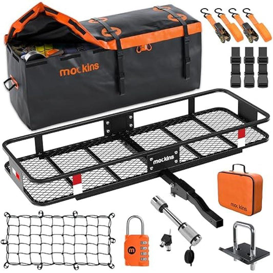 Mockins 60x20x6 Folding Cargo Carrier Hitch Mount | 500 lb Cap Hitch Rack +16 CuFt Soft Shell Waterproof Cargo Carrier Bag | Steel Trailer Hitch |