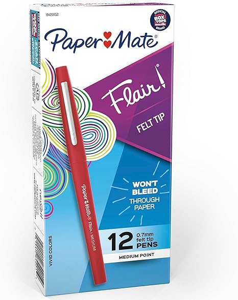 Paper Mate Flair Felt Tip Pens, Medium Point (0.7mm), Red, 12 Count