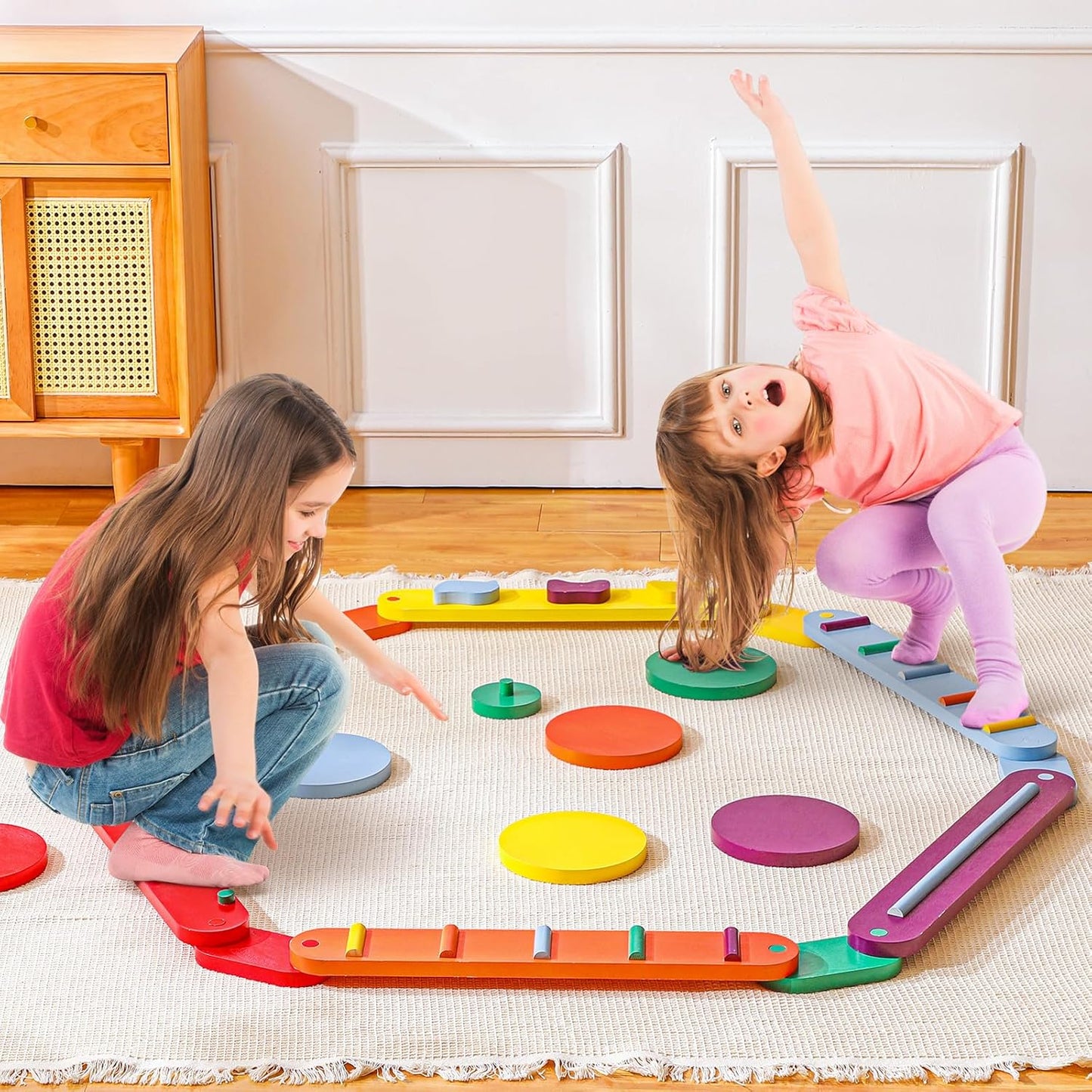 Leyndo 12 Pcs Wooden Balance Beam and Stepping Stones Set 6 Pcs Balance Boards Toys 6 Pcs Stepping Stones Obstacle Course Toys for Playroom Indoor Outdoor Coordination Gross Motor Skill for Girls Boys