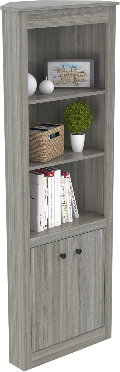 Inval 71" Corner Bookcase with 5 Open Shelves, Modern 5-Shelf Wood Bookcase with Space-Saving Corner Design, Gray Smoke Oak