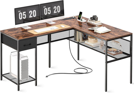 SUPERJARE L Shaped Desk with Power Outlets, Computer Desk with Drawer, Reversible Corner Desk with Grid Storage Bookshelf, Home Office Desk, Rustic Brown 7937zc