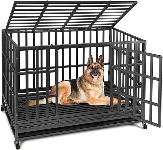 SHUSHIM 48 Inch Heavy Duty Dog Crate Kennel with Wheels, High Anxiety Indestructible Dog Crates for Large Dogs, XL XXL Extra Large Dog Crate with Removable Dog Cage Tray, Two Locks (Black, Square)