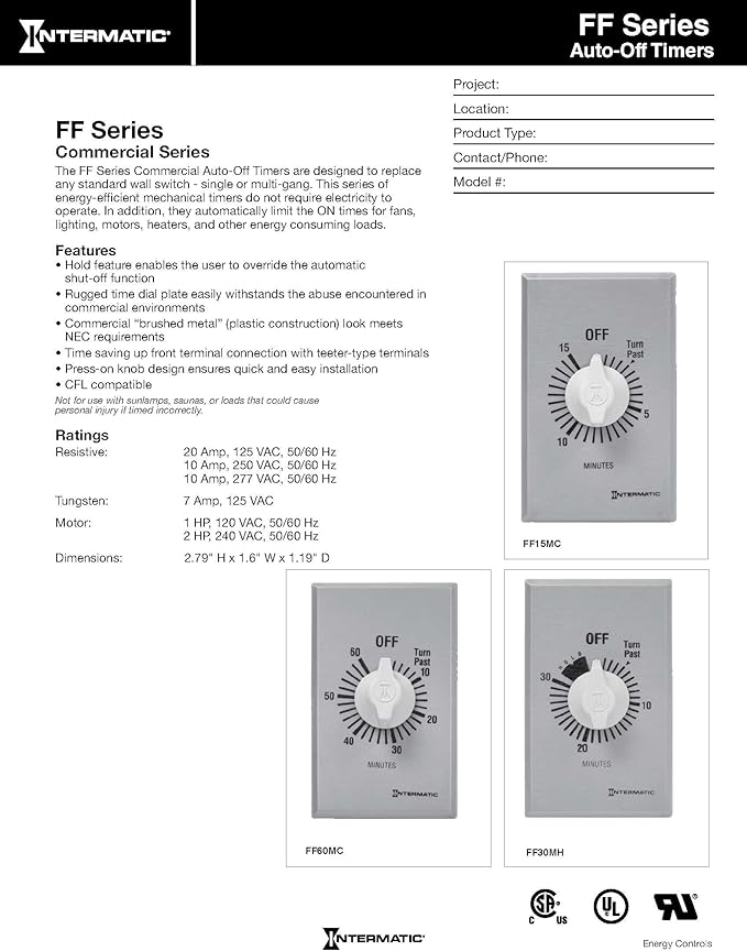 Intermatic FF6H 6-Hour Spring Loaded Wall Timer SPST No Hold