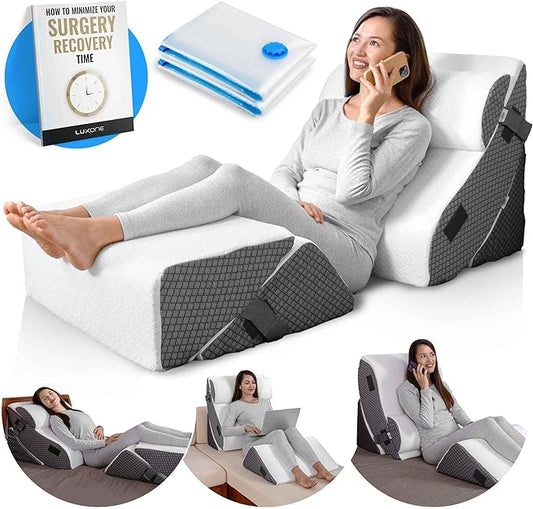 Luxone 5 Pcs Adjustable Relaxing System w/Leg Elevation Pillow - Perfect Orthopedic Pillow Set for After Surgery - Memory Foam Bed Wedge Pillows for Back Support (Grey with Cooling Fabric)