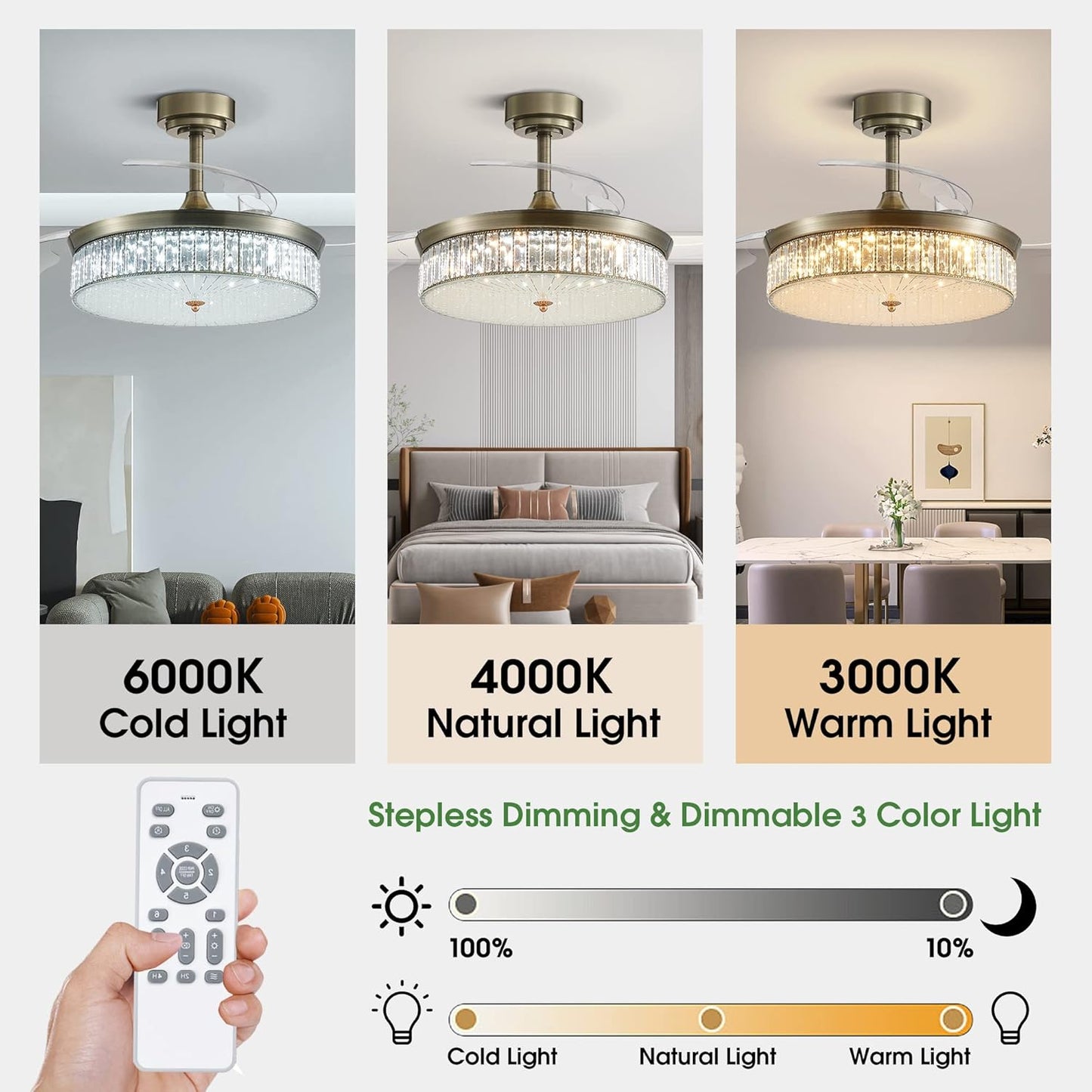 LODADRA 42 Inch Dimmable Fandelier Crystal Ceiling Fan with Light and Remote Control