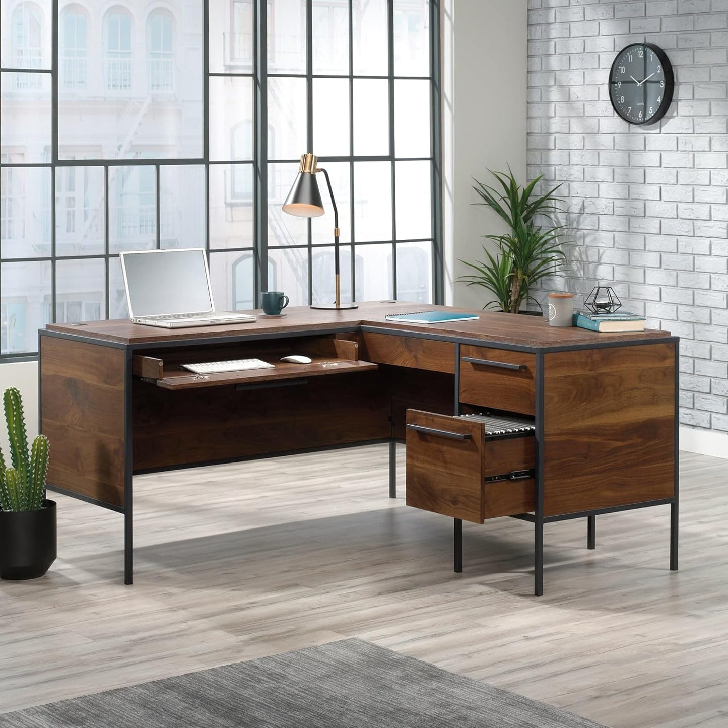 Sauder Nova Loft 59" W L-Shape Corner Desk, Grand Walnut