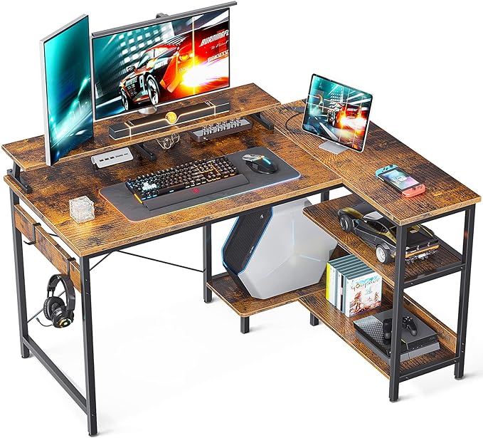 ODK Small L Shaped Desk, 48 inch Corner Desk with Reversible Storage Shelves, Computer Desk with Monitor Shelf and PC Stand for Home Office, Gaming Desk with Headphone Hooks, Rustic Brown