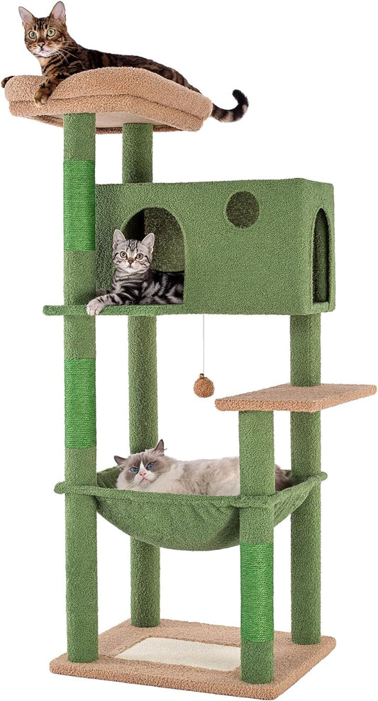 Meow Sir Cactus Cat Tree for Large Cats 53 Inches Tall Cat Tower with Large Hammock 21.7x17.7 Inches Super Spacious Condo and Wide Padded Perch Scratching Posts and Pad for Indoor Cats-Large Cactus