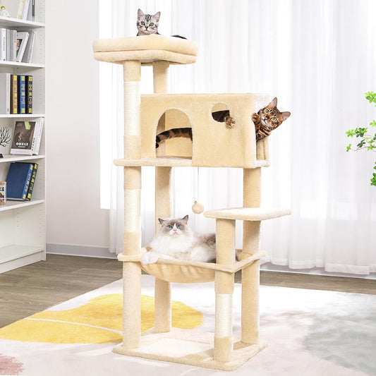 Meow Sir Cat Tree for Large Cats 53 Inches Tall Cat Tower with Large Hammock 21.7x17.7 Inches Super Spacious Condo and Wide Padded Perch Scratching Posts and Pad for Indoor Cats-Large Beige