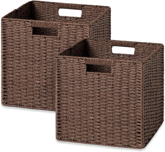 UBBCARE 2 Pack Wicker Basket,11L×11H×10.5W inch Woven Paper Rope Storage Baskets for shelves, Foldable Cube Storage bin with Handle, Storage Basket for Organizing & Decor, Brown