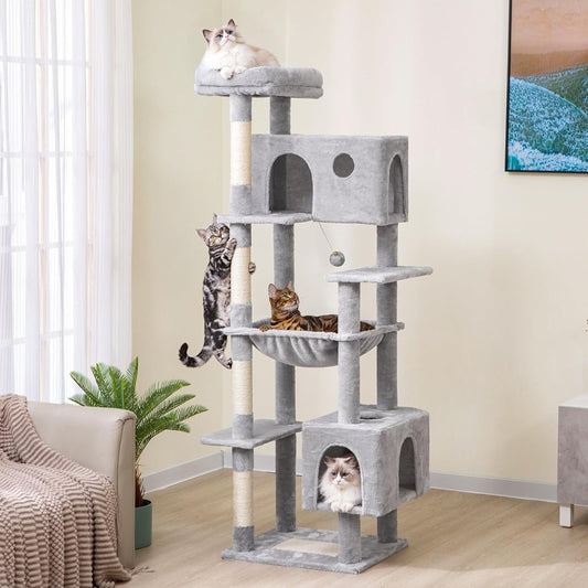 Meow Sir Cat Tree for Large Cats 53 Inches Tall Cat Tower with Large Hammock 21.7X17.7 Inches Super Spacious Condo and Wide Padded Perch Scratching Posts and Pad for Indoor Cats-Large Grey