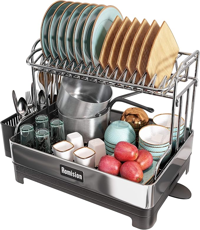 Romision Dish Drying Rack, 304 Stainless Steel 2 Tier Large Dish Rack and Drainboard Set with Swivel Spout Drainage, Full Size Dish Drainer with Utensil Holder for Kitchen Counter of Big Family-XG-1908-1