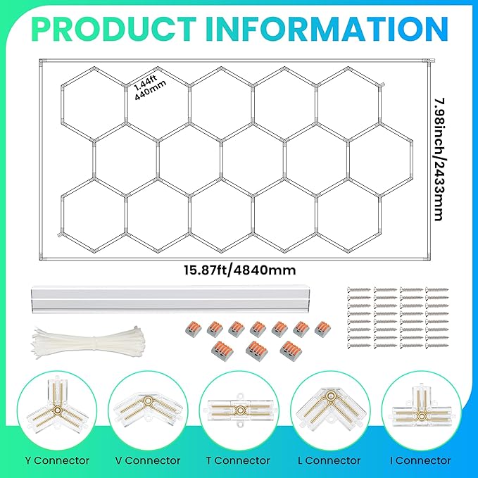 GOSLARLIT Led Garage Hexagon Light,15 Hexagon Garage Ceiling Led Lights for Gym/Workshop with Rectangle Frame, IP54 2 Year Warranty AC 100-240V(15.88 fts