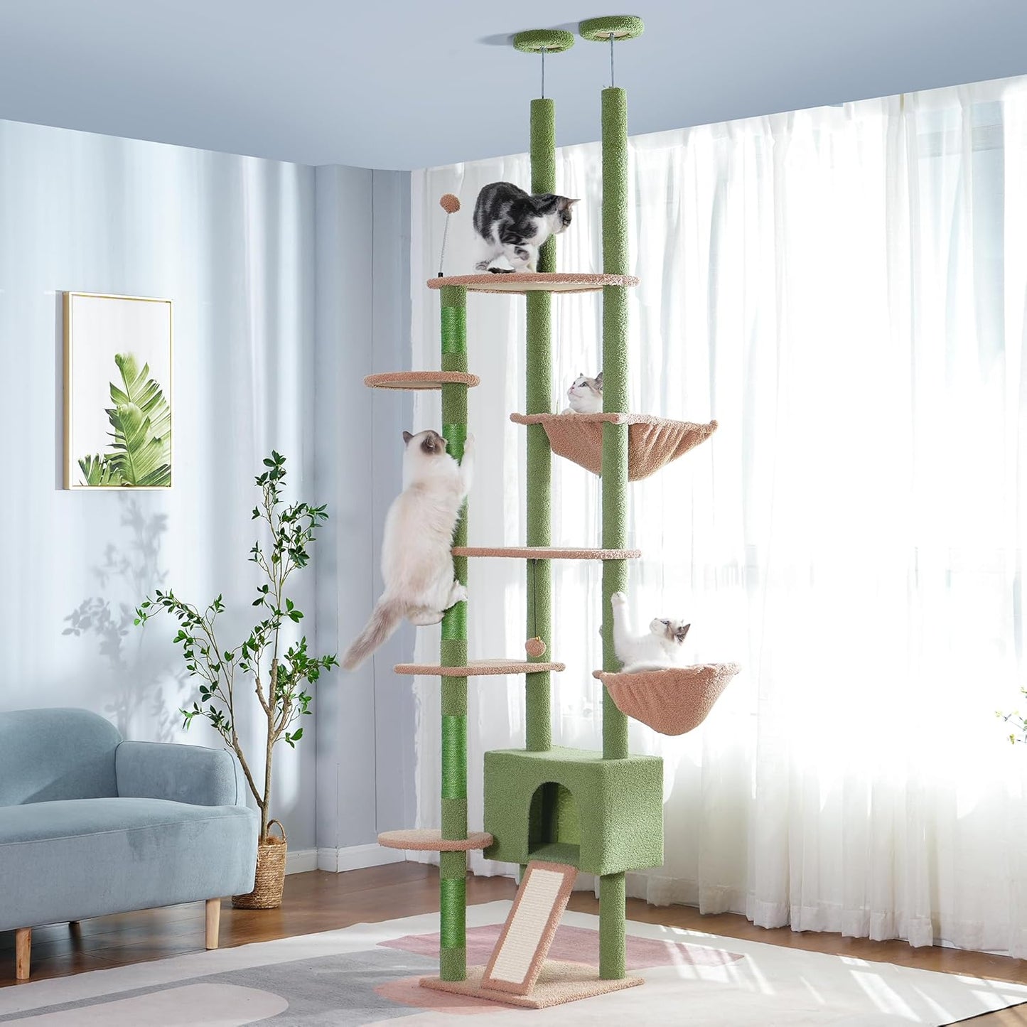 Meow Sir Floor to Ceiling Cat Tree Ajustable Height [82-108 Inches=208-275cm] 6 Tiers Tower Fit for 7-9 Feet Ceiling with Cat Condo Hammock and Sisal Covered Post for Indoor Cats-Dual Post Green