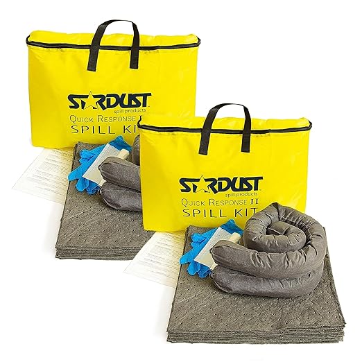 Stardust Spill Products Universal Spill Kit OSHA Approved Quick Response 2-Pack: Yellow Duffle, (15) Universal Sorbent Spill Pads, (2) 3"x4' Universal Sorbent Socks (4) Disposal Bags & Gloves Nitrile