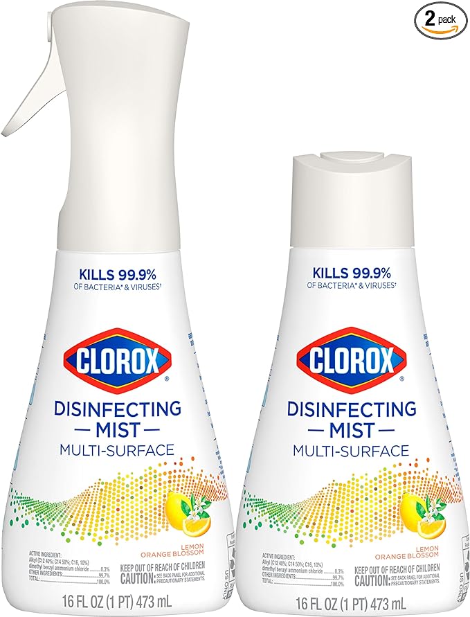 Clorox Disinfecting Mist, Multisurface Cleaner, Lemon and Orange Blossom, Sanitizing Spray & Refill, 16 Ounces(Pack of 2)