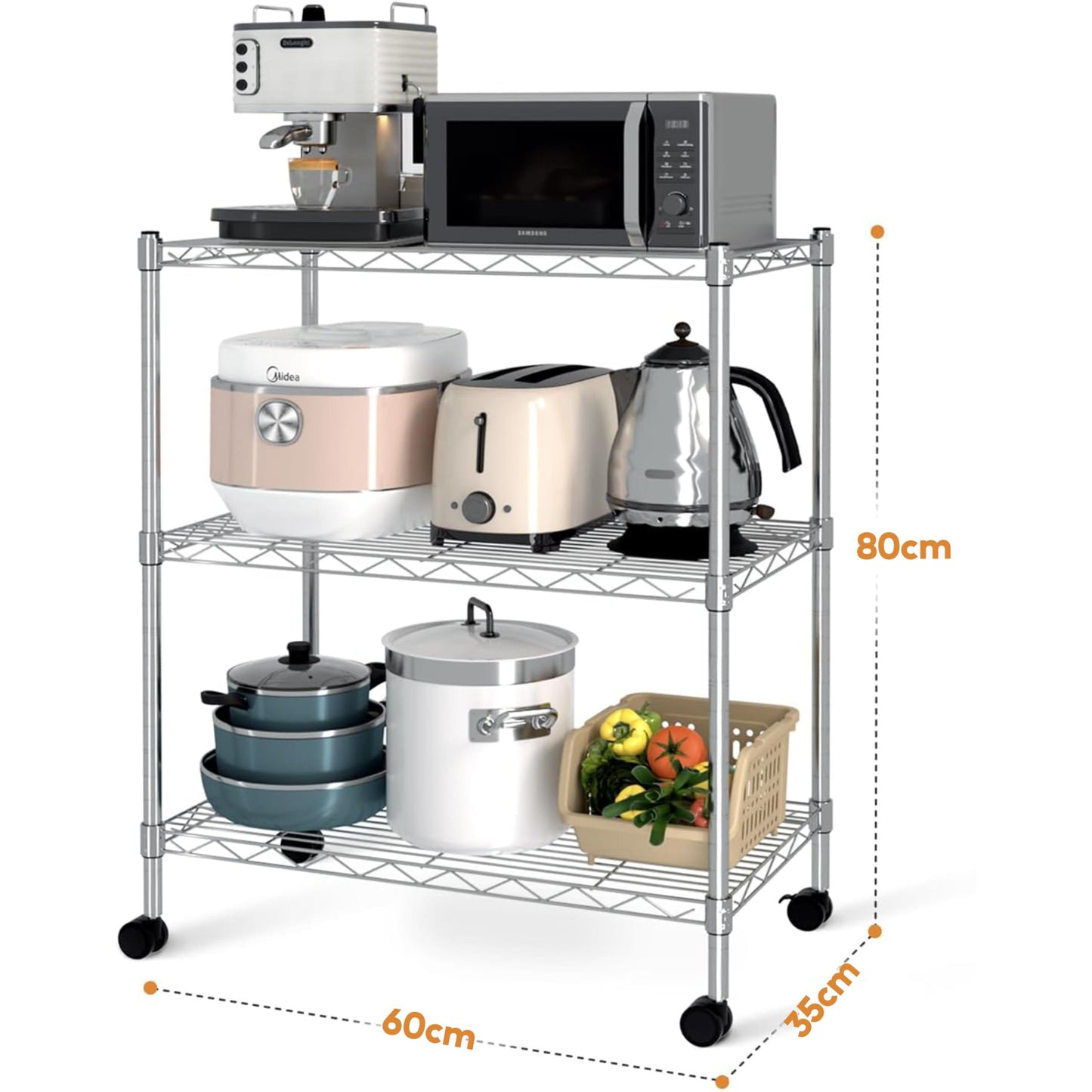 Simple Deluxe Heavy Duty 3-Shelf Shelving with Wheels, Adjustable Storage Units, Steel Organizer Wire Rack, 24.02”L x 13.78“W x 31.89”H, Chrome, HKSHLF23133003CPC