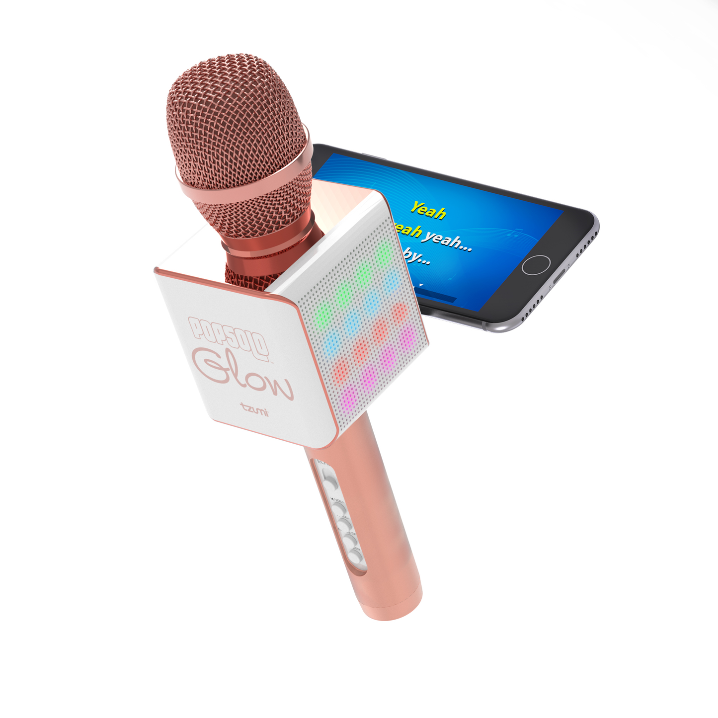 Pop Solo Glow, Rechargeable Bluetooth Karaoke Microphone and Speaker with Retractable Smart Phone Holder and LED Lights