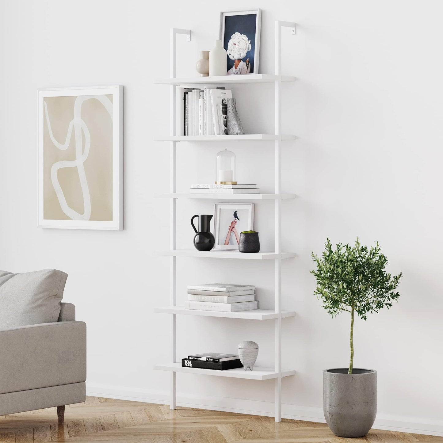 Nathan James Theo 6-Shelf Tall Modern Bookshelf, Wall Mount Ladder Shelf Bookcase with Wood and Industrial Metal Frame, Matte White