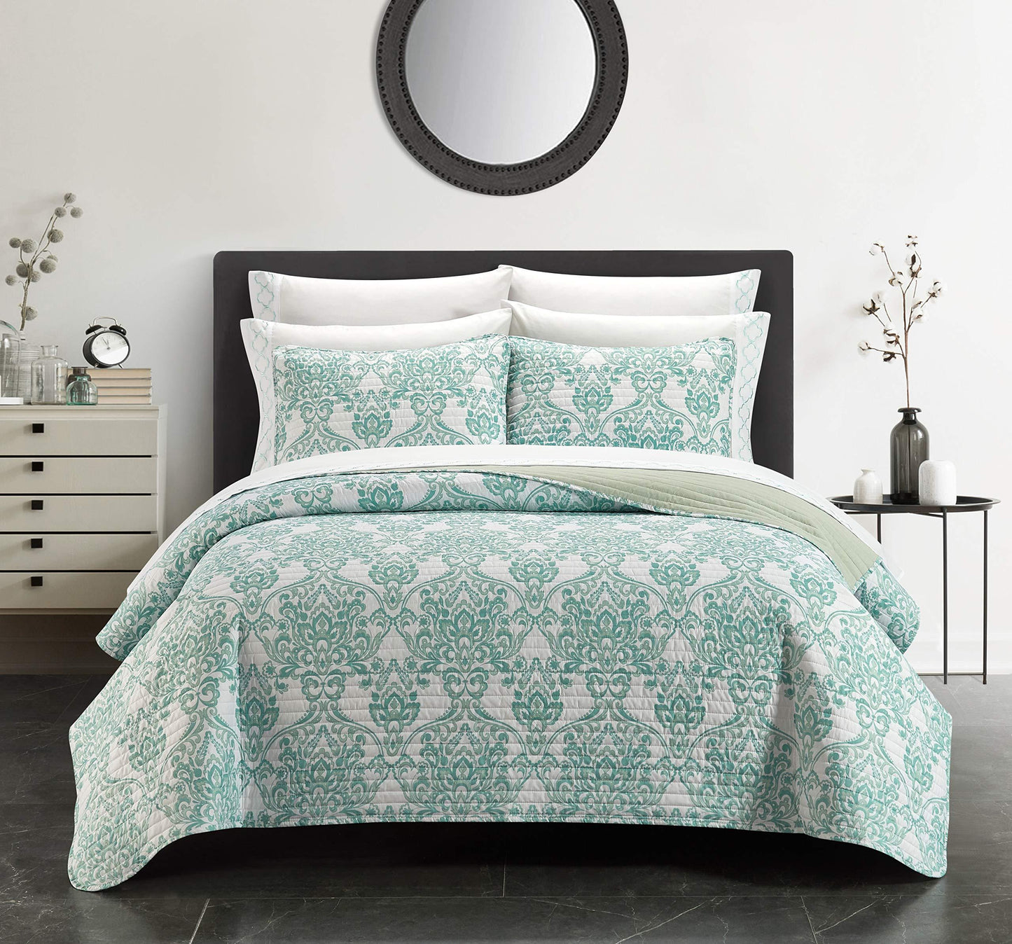 Chic Home Sage Green Bed in a Bag Quilt Set, King Size (9 Piece), Bassein - Two Tone Medallion Polyester Bedding - Quilt, Shams, Flat & Fitted Sheet & Pillowcases