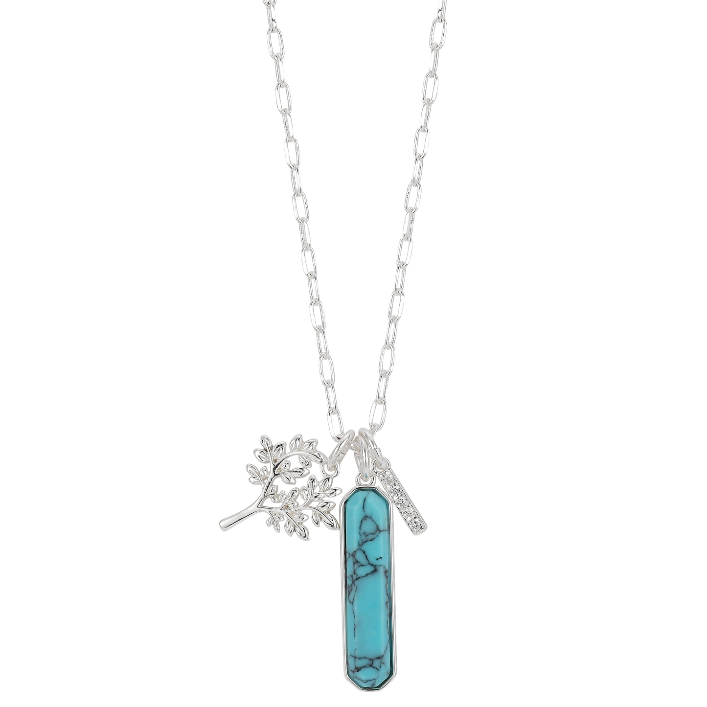 Believe by Brilliance Women's Fine Silver Plated Semi-Precious Turquoise Stone Family Tree Pendant Necklace, 18+2" Extender