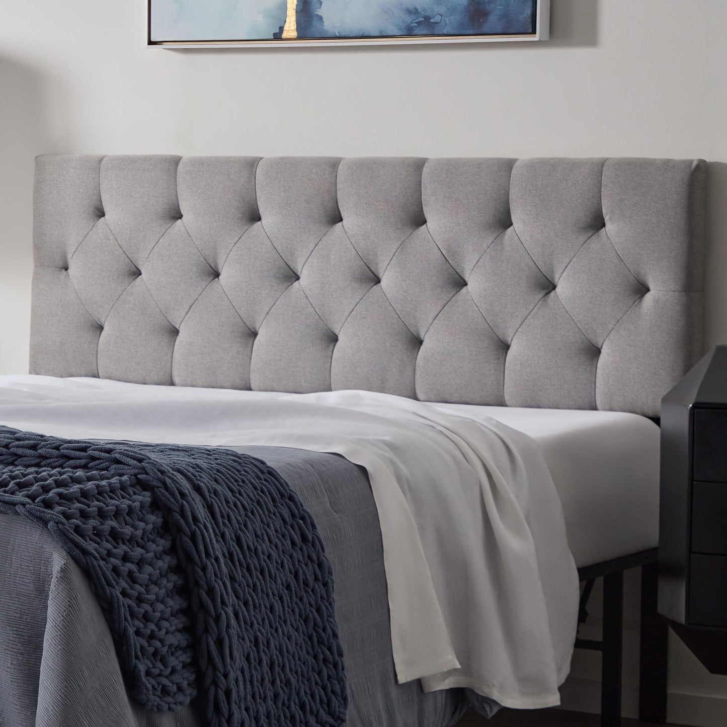 LUCID Mid-Rise Upholstered Headboard - Diamond Tufted - Padded Polyester - Adjustable Height from 34” to 46” - Easy Assembly - Bed Frame or Wall Mount - Sturdy - Stone - Twin / Twin XL Size