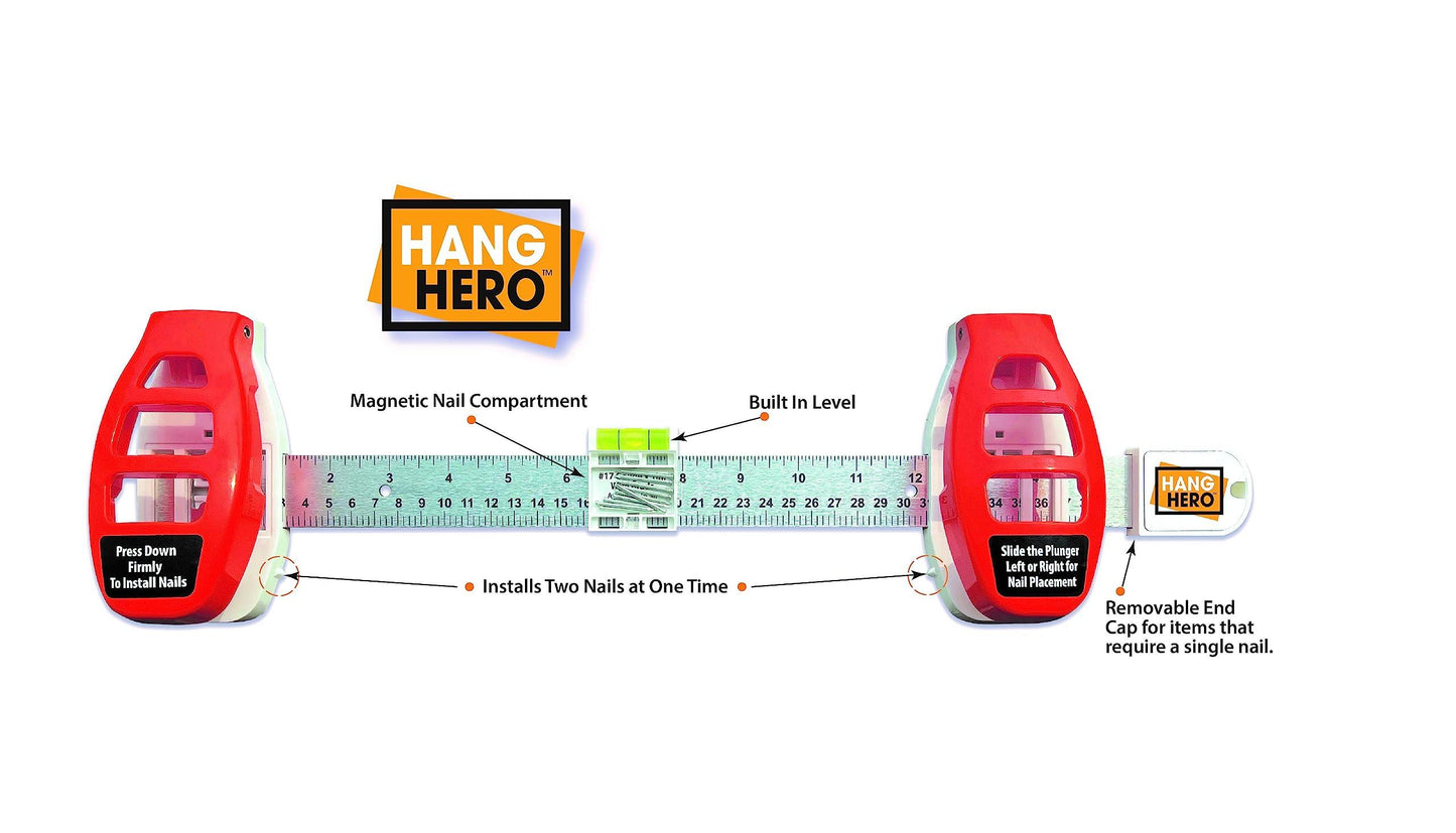 Hang Hero - All in One Picture Hanging System! Measures Frame, Levels and Inserts Nails at The Perfect Depth and Angle. Includes Hang Hero Unit and (50) #17 Brad Nails!